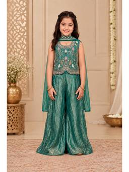 Tiny Kingdom - Shimmer Satin Woven Embroidered Top And Palazzo With Dupatta - Green