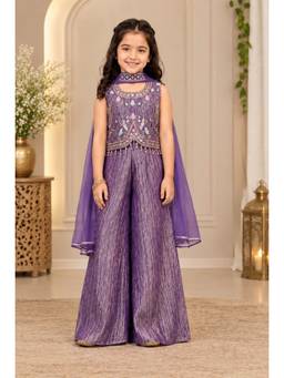 Tiny Kingdom - Shimmer Satin Woven Embroidered Top And Palazzo With Dupatta - Purple