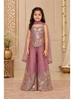 Tiny Kingdom - Shimmer Satin Woven Embroidered Top And Palazzo With Dupatta - Lavender
