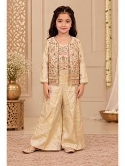 Tiny Kingdom - Shimmer Satin Woven Embroidered Top And Palazzo With Jacket - Cream
