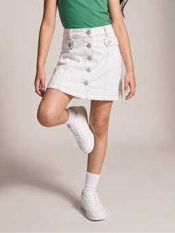 Tales & Stories - White Washed Lycra Short Skirt With Buttons