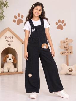 KiddoPanti - Puppy Paw Applique Wide Leg Denim Dungaree