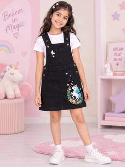 KiddoPanti - Unicorn Floral Graphic Pinafore Denim Dungaree Dress