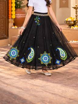 KiddoPanti - Paisley And Mandala Ethnic Printed Layered Organza Flared Skirt