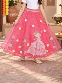 KiddoPanti - Ballerina Doll And Floral Applique Detailed Layered Organza Flared Skirt