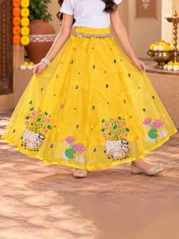 KiddoPanti - Cow Lotus And Floral Ethnic Printed Layered Organza Flared Skirt