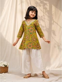 Tales & Stories - Viscose Lime Green Printed Kurta With Palazzo
