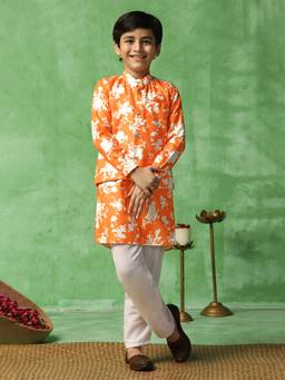 FASHION DREAM - Orange Cotton Blend Printed Kurta Pant With Jacket