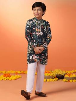FASHION DREAM - Navy Blue Cotton Blend Floral Printed Kurta And Pant