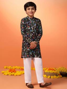 FASHION DREAM - Black Cotton Blend Floral Printed Kurta And Pant
