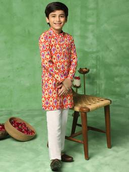 FASHION DREAM - Red Cotton Blend Ethnic Motif Printed Kurta And Pant