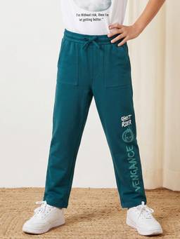 Lil Tomatoes - Cotton Looper Drawstring Typography Print Winter Track Pant- Teal
