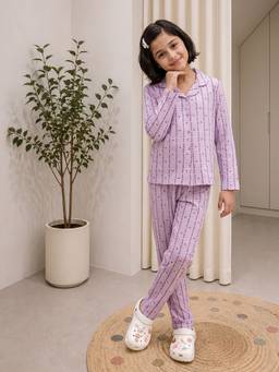 Lil Tomatoes - Cotton Knit Full Sleeve Striped Winter Night Suits- Lilac