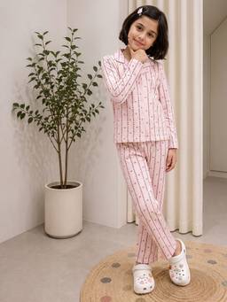 Lil Tomatoes - Cotton Knit Full Sleeve Striped Winter Night Suits- Pink