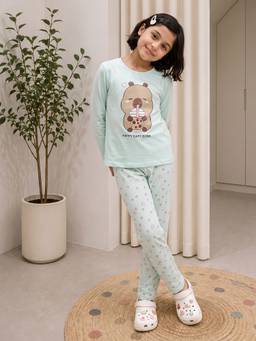 Lil Tomatoes - Cotton Knit Full Sleeve Graphic Print Winter Night Suits- Mint Green
