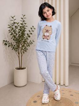 Lil Tomatoes - Cotton Knit Full Sleeve Graphic Print Winter Night Suits- Pastel Blue