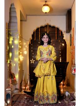 Misbis - Yellow Peacock Embroidered Ethnic Lehenga