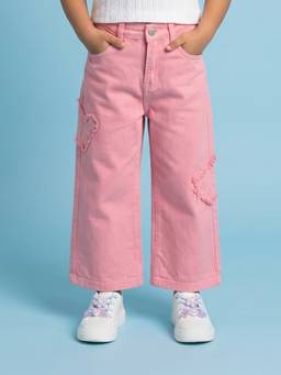 Nautinati - Girls' 100% Cotton Wide-Leg Cargo Jeans With Embroidered Butterfly Details