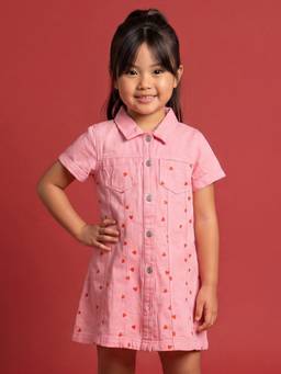 Nautinati - Embroidered All-Over Heart Printed A-Line Denim Dress