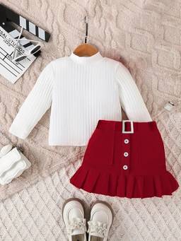 FASHION DREAM - White Rib Solid Top And Skirt