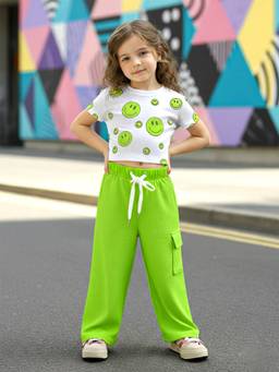 FASHION DREAM - Green Rib Printed Crop Top And Pant