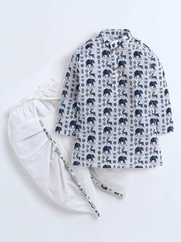 Polka Tots - Cotton Full Sleeve Deer And Elephant Print Kurta And Dhoti