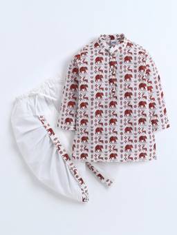 Polka Tots - Cotton Full Sleeve Deer And Elephant Print Kurta And Dhoti
