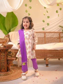 Polka Tots - Cotton Full Sleeve Peacock Print Kurti Pant And Dupatta