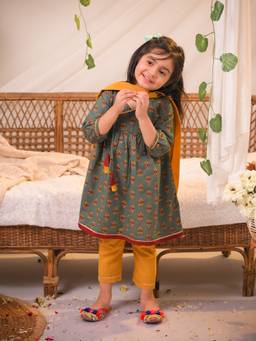 Polka Tots - Cotton Full Sleeve Floral Kurti Pant And Dupatta - Sea Green