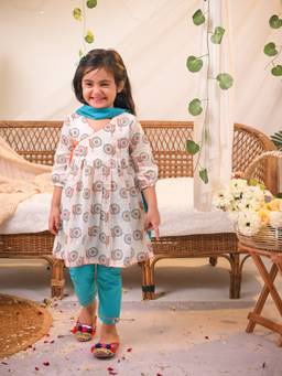 Polka Tots - Cotton Full Sleeve Aqua Peacock Print Kurti Pant And Dupatta