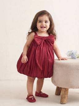 Blabber - Woven Tissue Wear Frock With Bow Applique And Booties - Magenta (Pack Of 2)