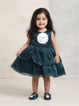 Blabber - Tissue Woven Wear Frock With Floral Applique And Booties - Green (Pack Of 2)