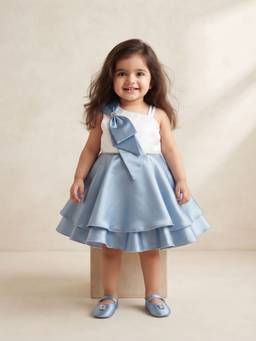 Blabber - Satin Woven Frock And Bowl Applique And Booties - Blue (Pack Of 2)