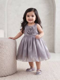 Blabber - Tissue Woven Frock With Floral Applique And Booties - Grey (Pack Of 2)