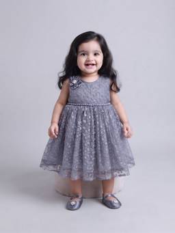 Blabber - Woven Frock With Floral Applique And Booties - Grey (Pack Of 2)