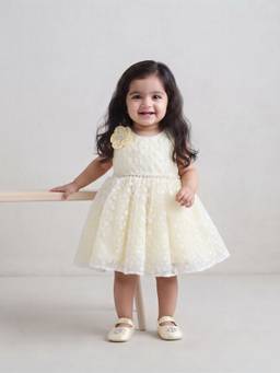 Blabber - Woven Frock With Floral Applique And Booties - Lemon (Pack Of 2)