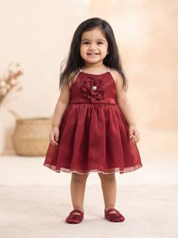 Blabber - Wear Frock With Floral Applique And Booties - Maroon (Pack Of 2)