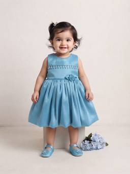 Blabber - Woven Frock With Floral Applique And Booties - Dark Aqua (Pack Of 2)