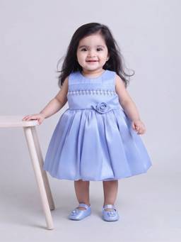 Blabber - Woven Frock With Floral Applique And Booties - Blue (Pack Of 2)