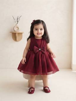 Blabber - Woven Frock With Bowl Applique And Booties - Maroon (Pack Of 2)