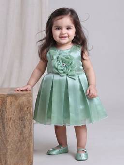 Blabber - Woven Frock With Floral Applique And Booties - Pista (Pack Of 2)