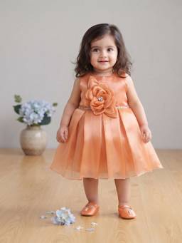 Blabber - Woven Frock With Floral Applique And Booties - Rust (Pack Of 2)