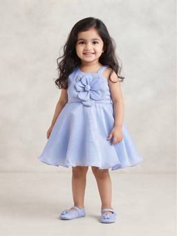 Blabber - Woven Frock With Printed Floral Applique And Booties - Sky Blue (Pack Of 2)