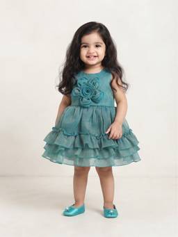 Blabber - Woven Frock With Floral Applique And Booties - Green (Pack Of 2)
