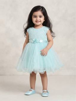 Blabber - Woven Frock With Floral Applique And Booties - Sea Green (Pack Of 2)