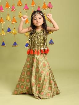 Tiny Kingdom - Woven Bandhani Printed Top And Lehenga With Dupatta - Green