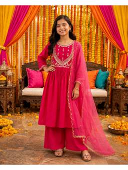 Misbis - Hot Pink Festive Floral Embroidered Anarkali And Palazzo