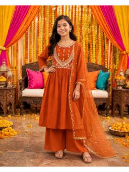 Misbis - Rust Floral Embroidered Anarkali And Palazzo