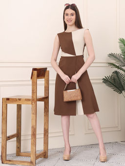 Exude - Brown & Beige Vibrant Versatility Colorblock A-Line Knee Length Dress
