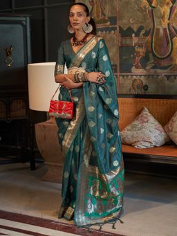 Akhilam - Womens Silk Blend Teal Blue Woven Designer Saree with Unstitched Blouse